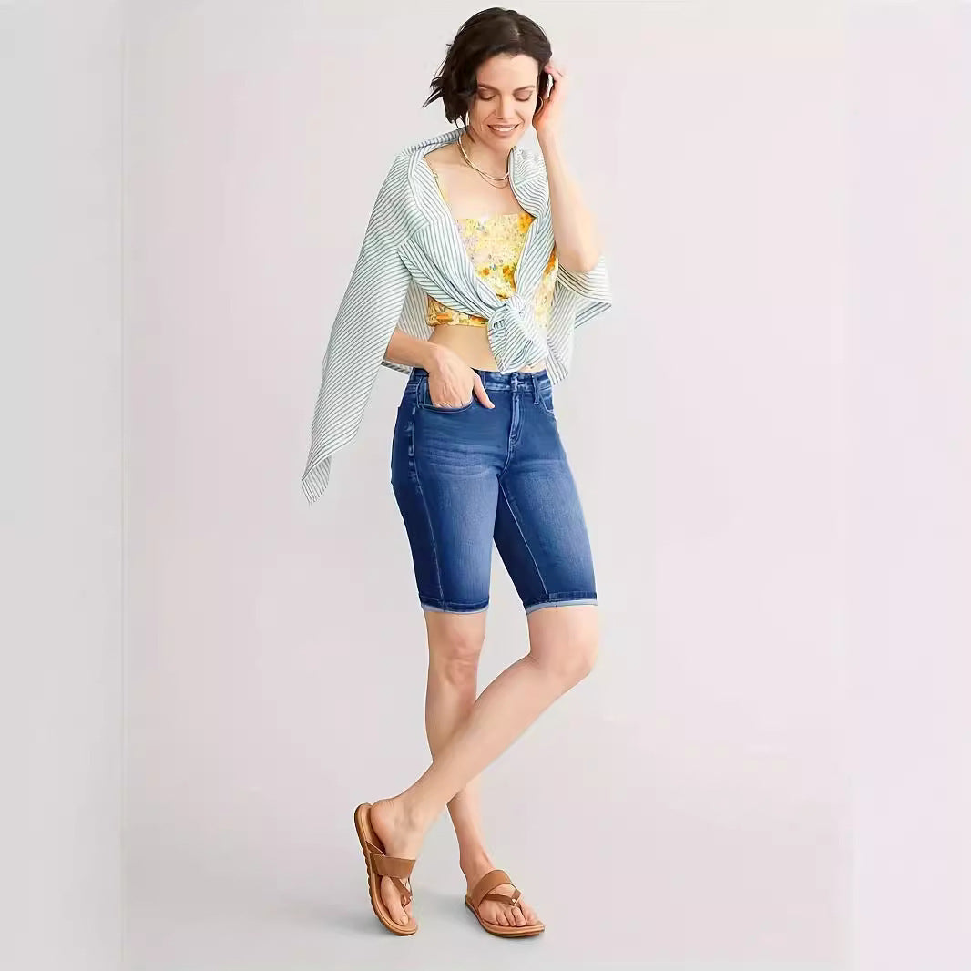 Women's Slim Fit All-match Embossed Button Denim Shorts