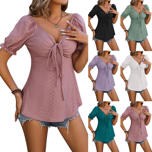 Women V-neck Drawstring Design Short-sleeved Top Summer Solid Color T-shirt