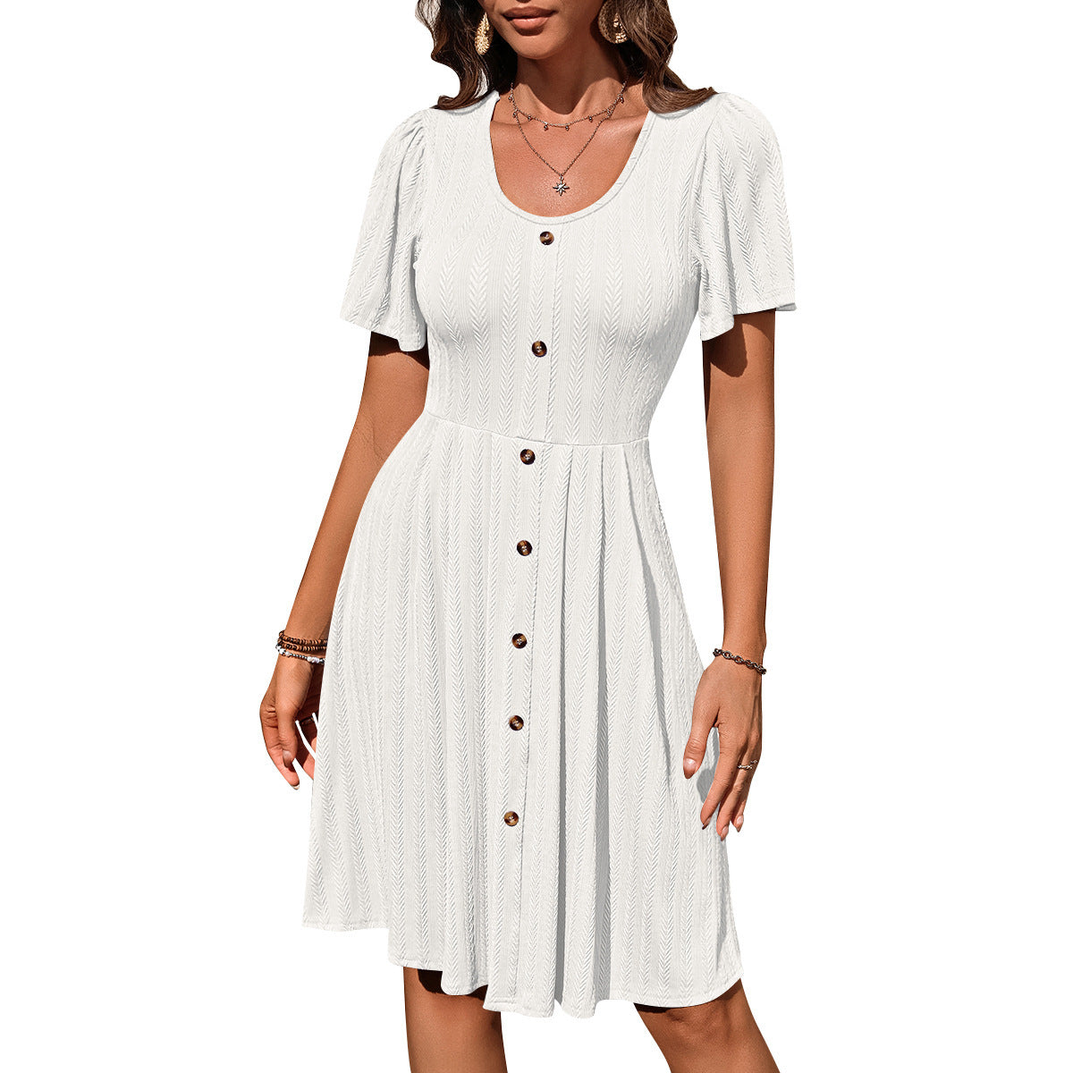 U-Neck Button Short-Sleeve Casual Summer Dress