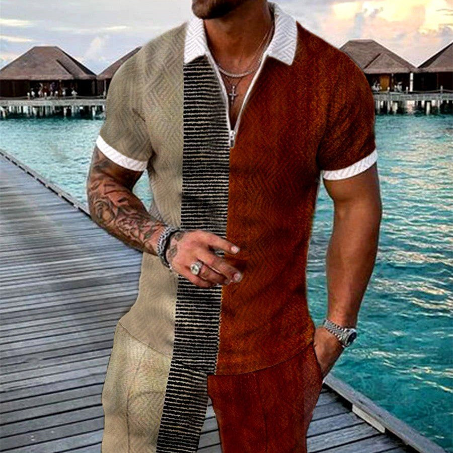 Men's Summer Fashion 3D Printed Short Sleeve Geometric Zip Lapel Shirt Set