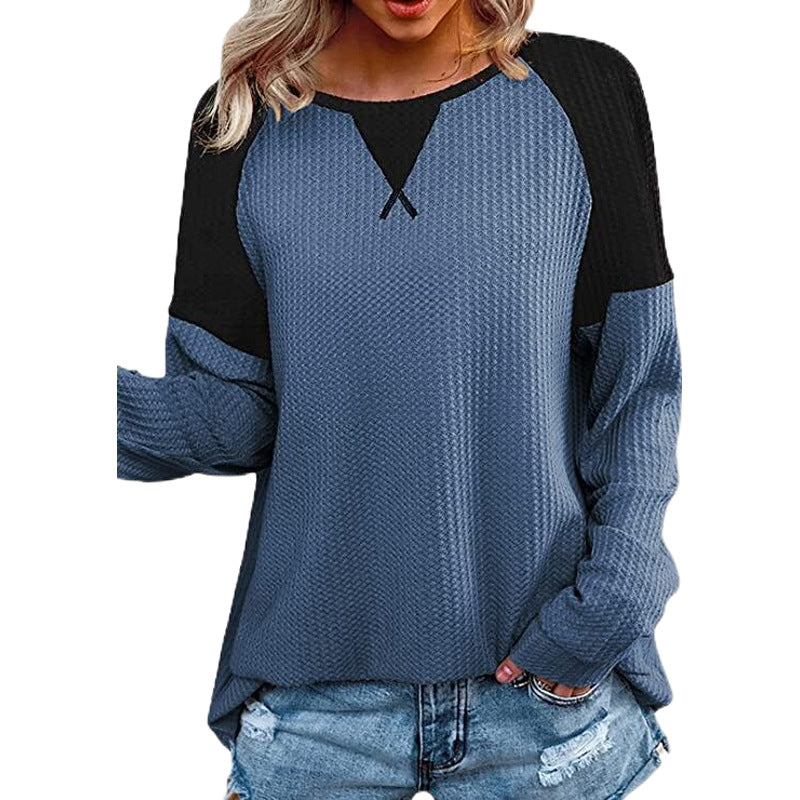 Waffle Stitching Long-sleeved Round Neck T-shirt
