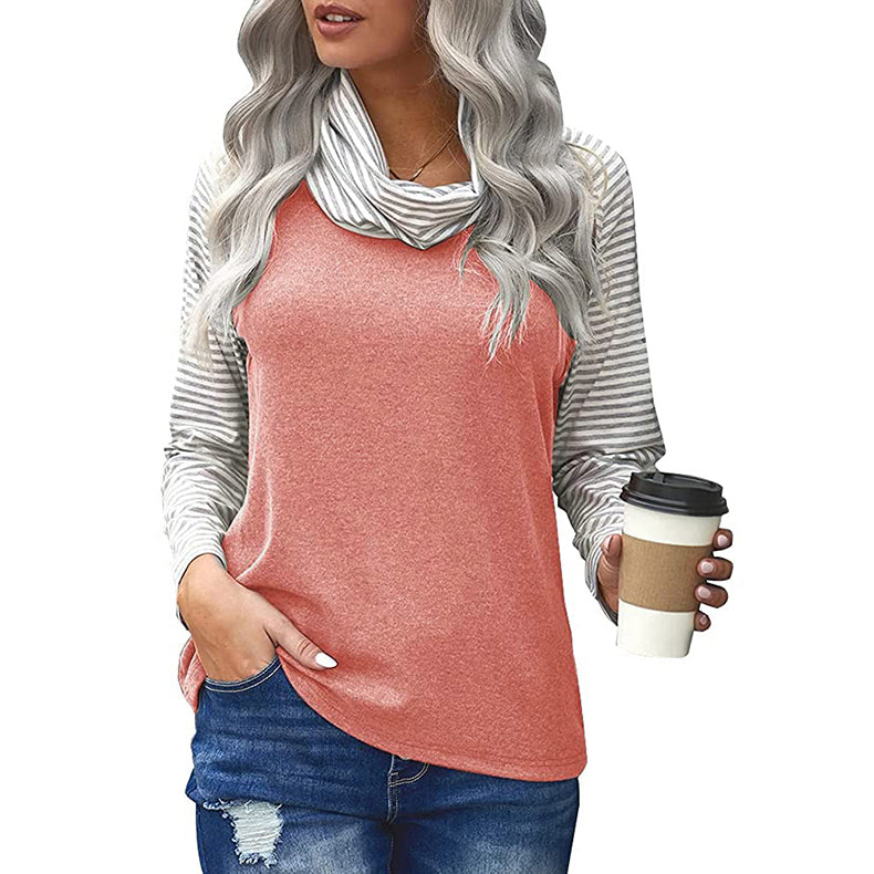 Camiseta de manga larga para mujer con cuello alto a rayas de moda superior