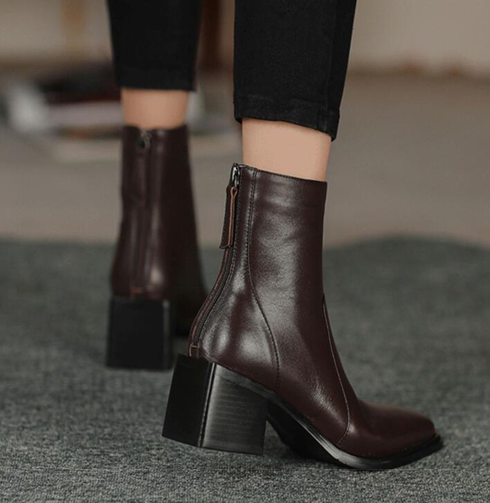 Women's Leather Chunky Heel Square Toe Ankle Boots