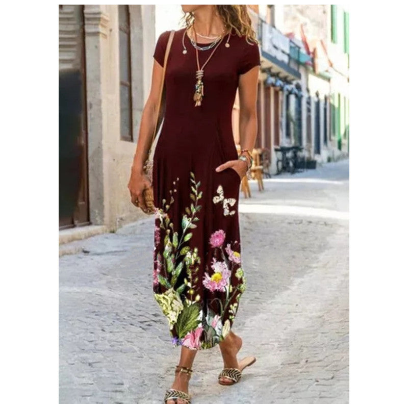 Robe imprimée à la mode à manches courtes et à col rond