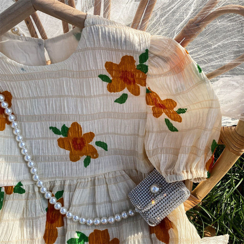 Vestido Infantil Flor Naranja Plisado Casual