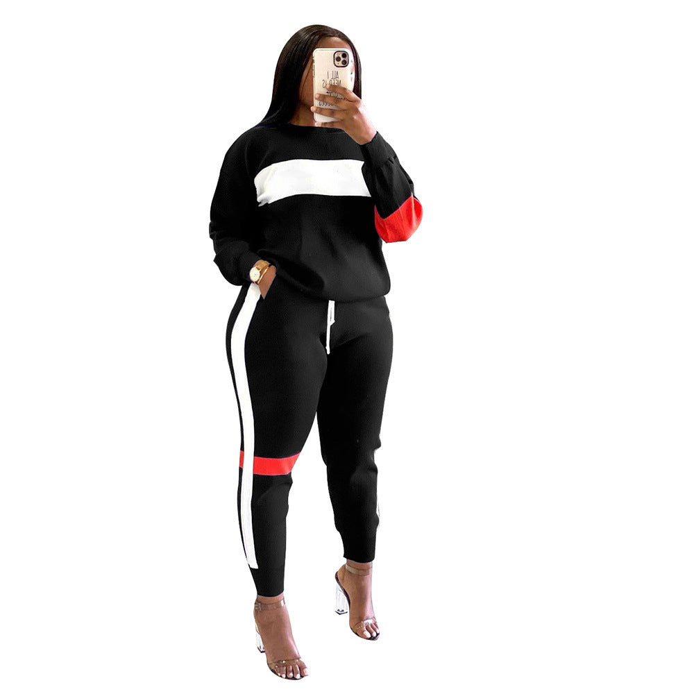 Woman Striped Stitching Long Sleeve Sport Set