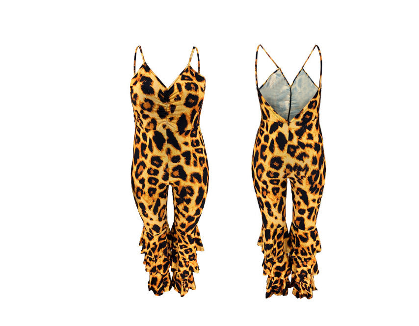 V-neck Leopard Print Suspenders Jumpsuit