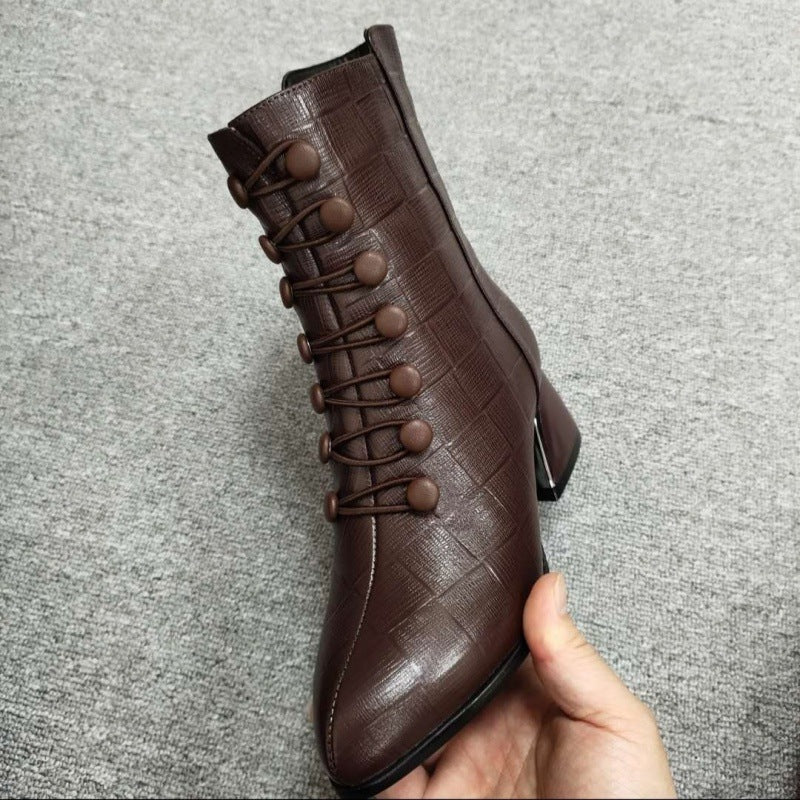 Thick-heeled Leather Mid-boots Women's New Fashion Plus Velvet