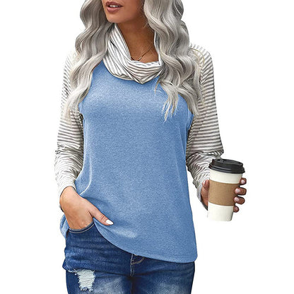 Stitching Long-sleeved Pile Neck Top Printed T-shirt