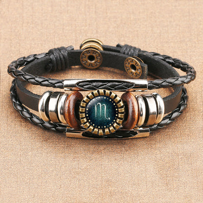 Fashion Zodiac Time Gem Leather Bracelet