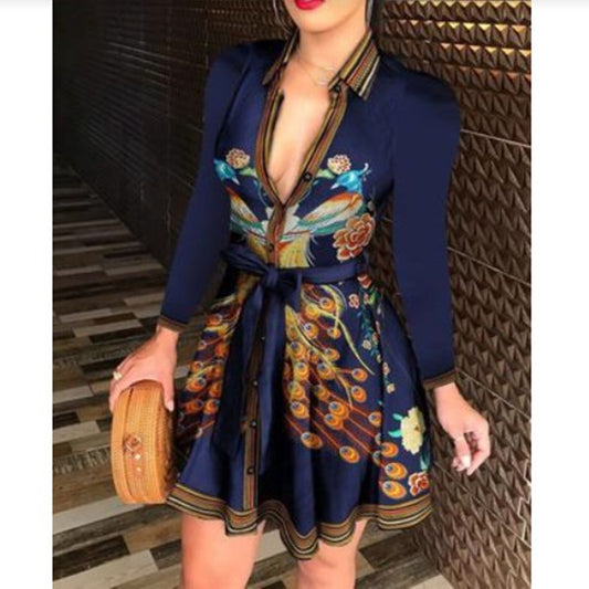 Long Sleeve V-neck Tie Print Dress