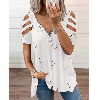 V-neck Zipper Printing Short-sleeved Loose Casual T-shirt Women's Top