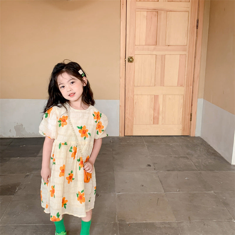 Vestido Infantil Flor Naranja Plisado Casual