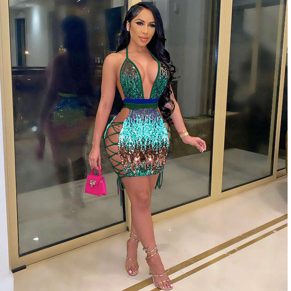 Women Halter Back Sequin Contrast Dress