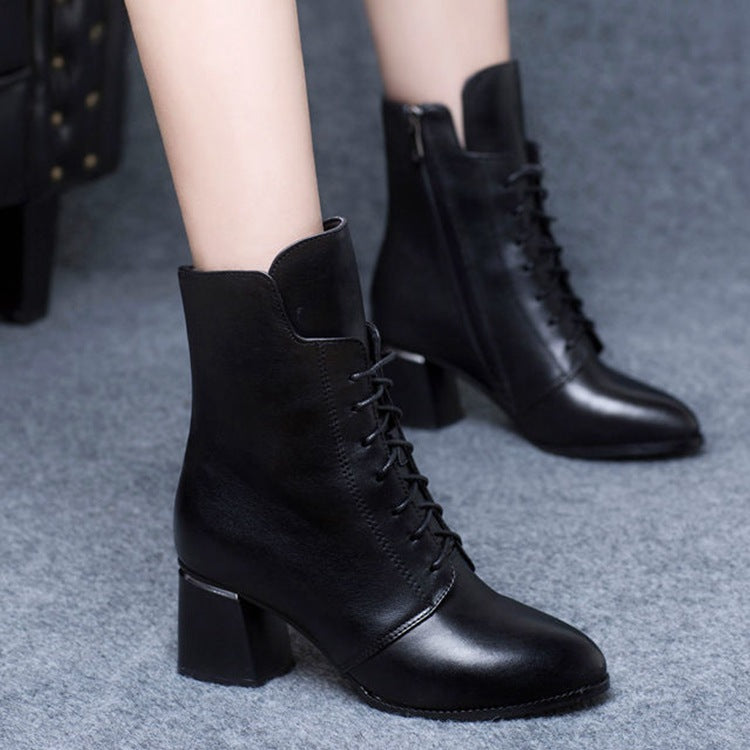 Mid Tube Leather Boots Korean Style Side Zipper Martin Boots