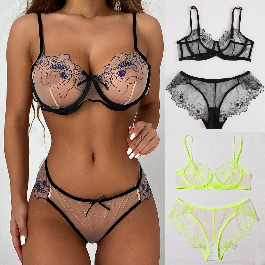 Ensemble de lingerie transparente brodée en maille pour femmes