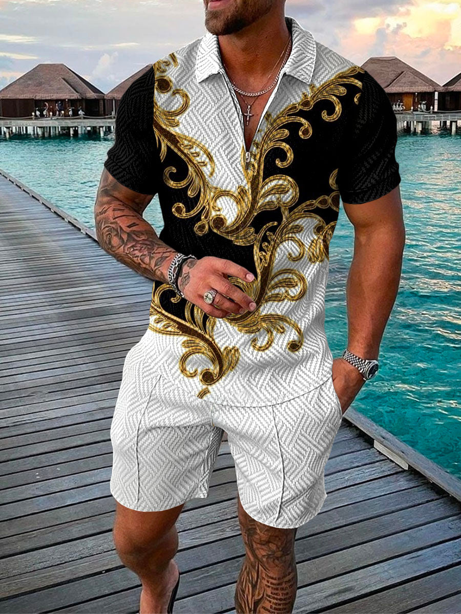 Conjunto de camisa de solapa con cremallera geométrica de manga corta con estampado 3D de moda de verano para hombre