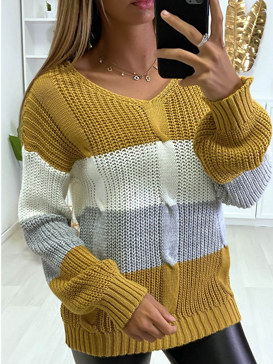 New Knitted V Neck Color Matching Long Sleeved Sweater Women