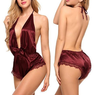 Deep V-neck pajamas halter neckless one-piece