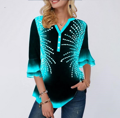 V-neck Print Flared Sleeve Chiffon Top