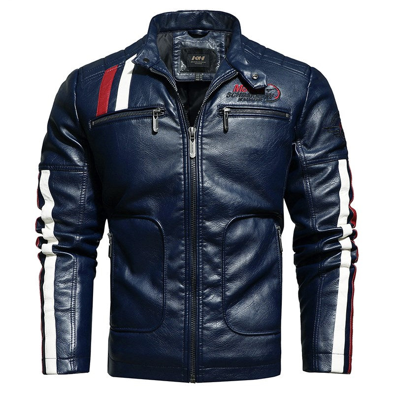 Men's leather short embroidered slim-fit youth lapel leather jacket