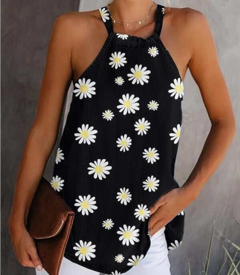 Top de algodón y lino con estampado de margaritas