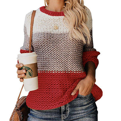 Women Thick Line Color Matching Pullover Sweater