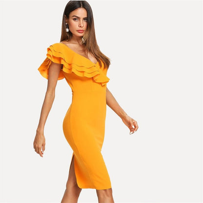 Sleeveless Ruffle Layered Flounce Trim Split Back V Neck Dress