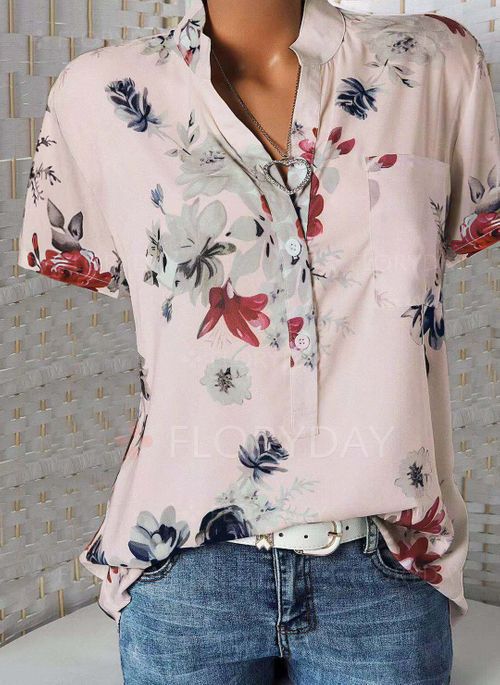 Camisa de manga corta con cuello en V estampada a la moda.