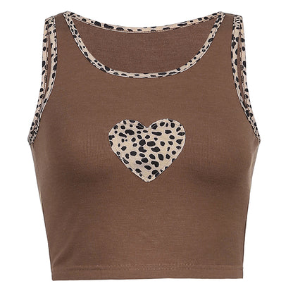 Camiseta sin mangas de corazón de leopardo de mujer linda marrón de patchwork 