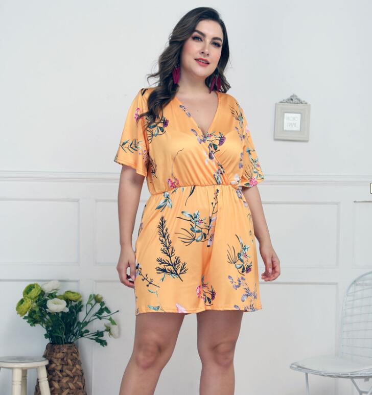 Mamelucos casuales de cintura de manga corta con estampado de V profundo para mujer