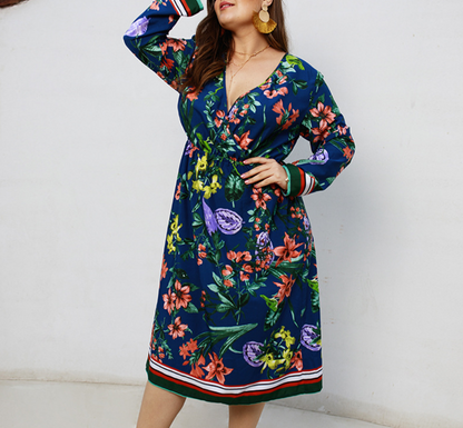 Printed Long Sleeved V-neck Dress