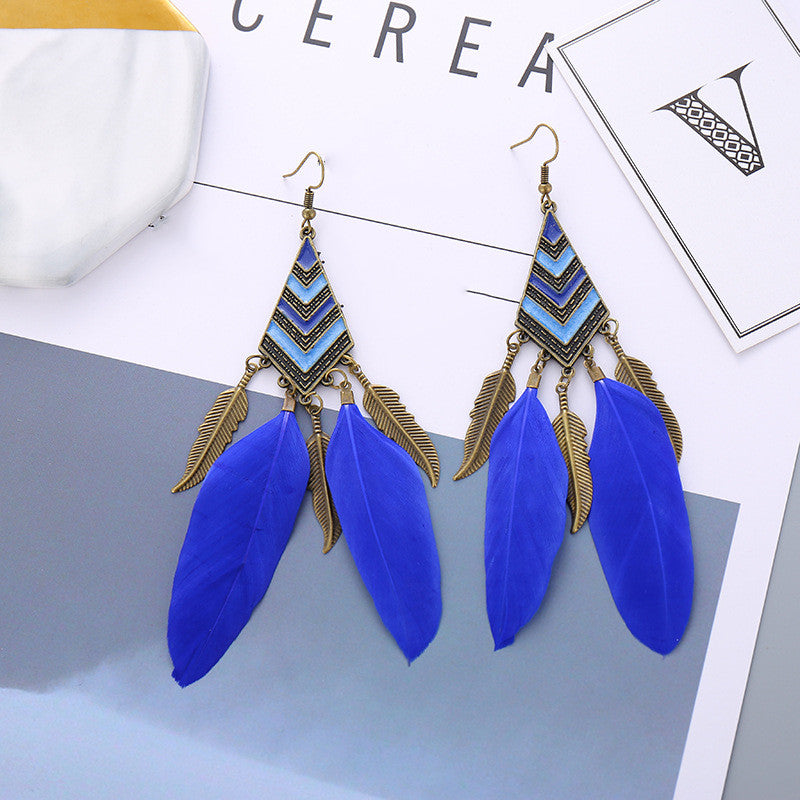 Pendientes largos de plumas con borla de hoja de diamante para accesorios bohemios femeninos 