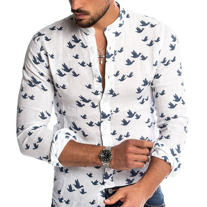 Camisa con cuello alzado de lino estampado en 3D con bloques de colores