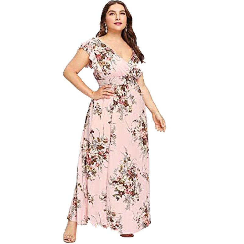 Robe d'impression à manches courtes en mousseline de soie pour femmes 