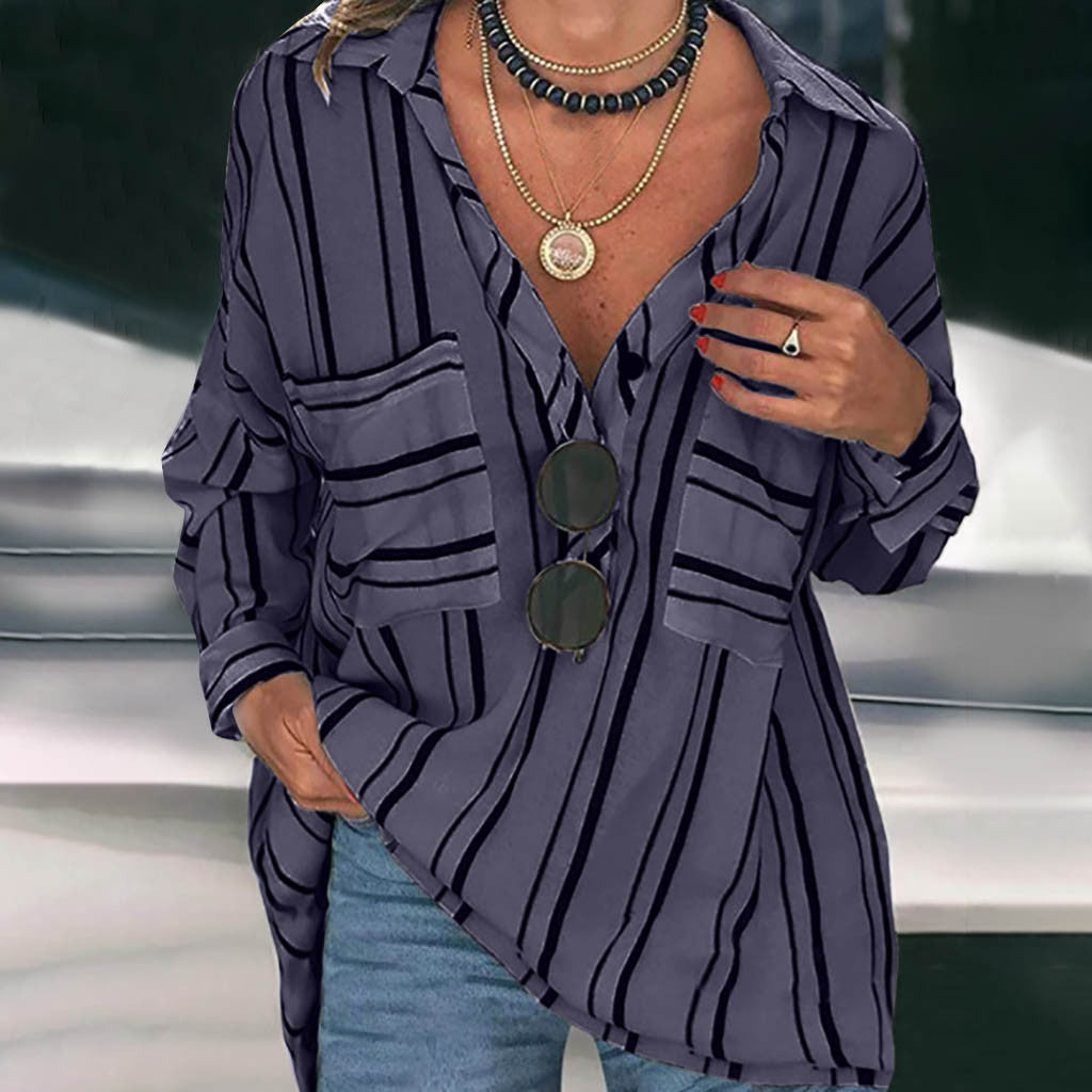 Camisa de mujer con cuello de pico y manga enrollada a rayas con botones