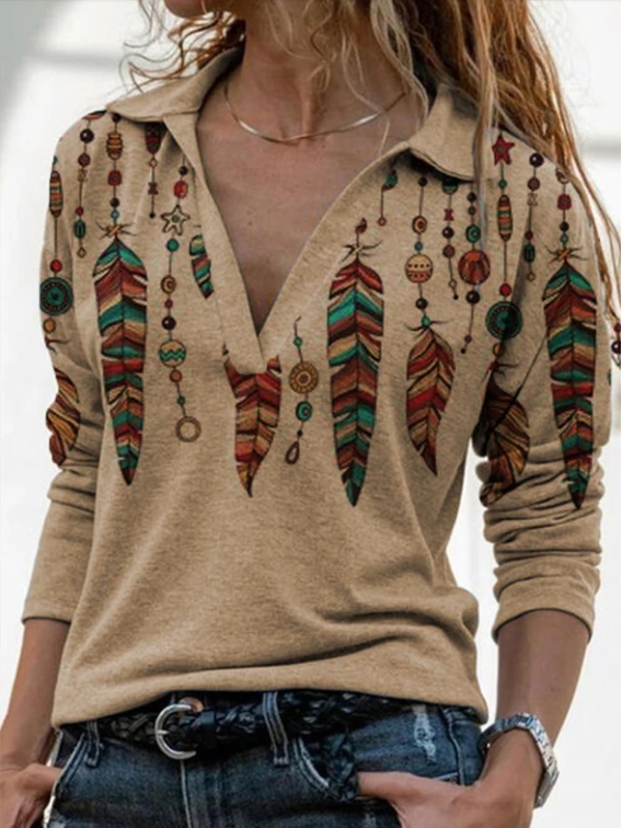 Retro Long-Sleeved Printed V-Neck Shirt Sweater