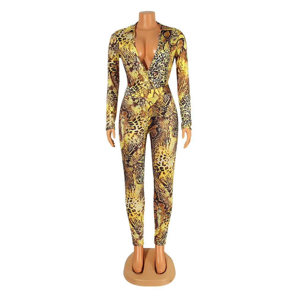 Snake Print Digital Print Long-Sleeved Skinny Jumpsuit