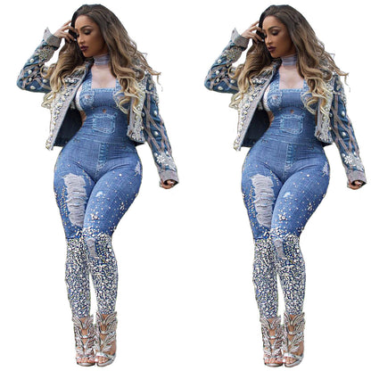 Fashion denim suspender printed Jumpsuit