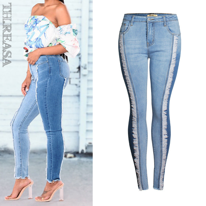 Femmes Stretch blanc glands jean avec taille haute élasticité grande taille crayons épissure Denim pantalon jean décontracté pour les filles
