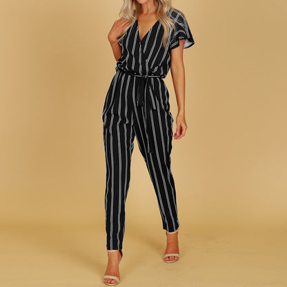 V-neck halter Elegant Striped Jumpsuit