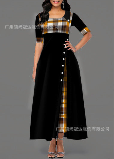 Women Round Neck Mid-sleeve Irregular Long Dress