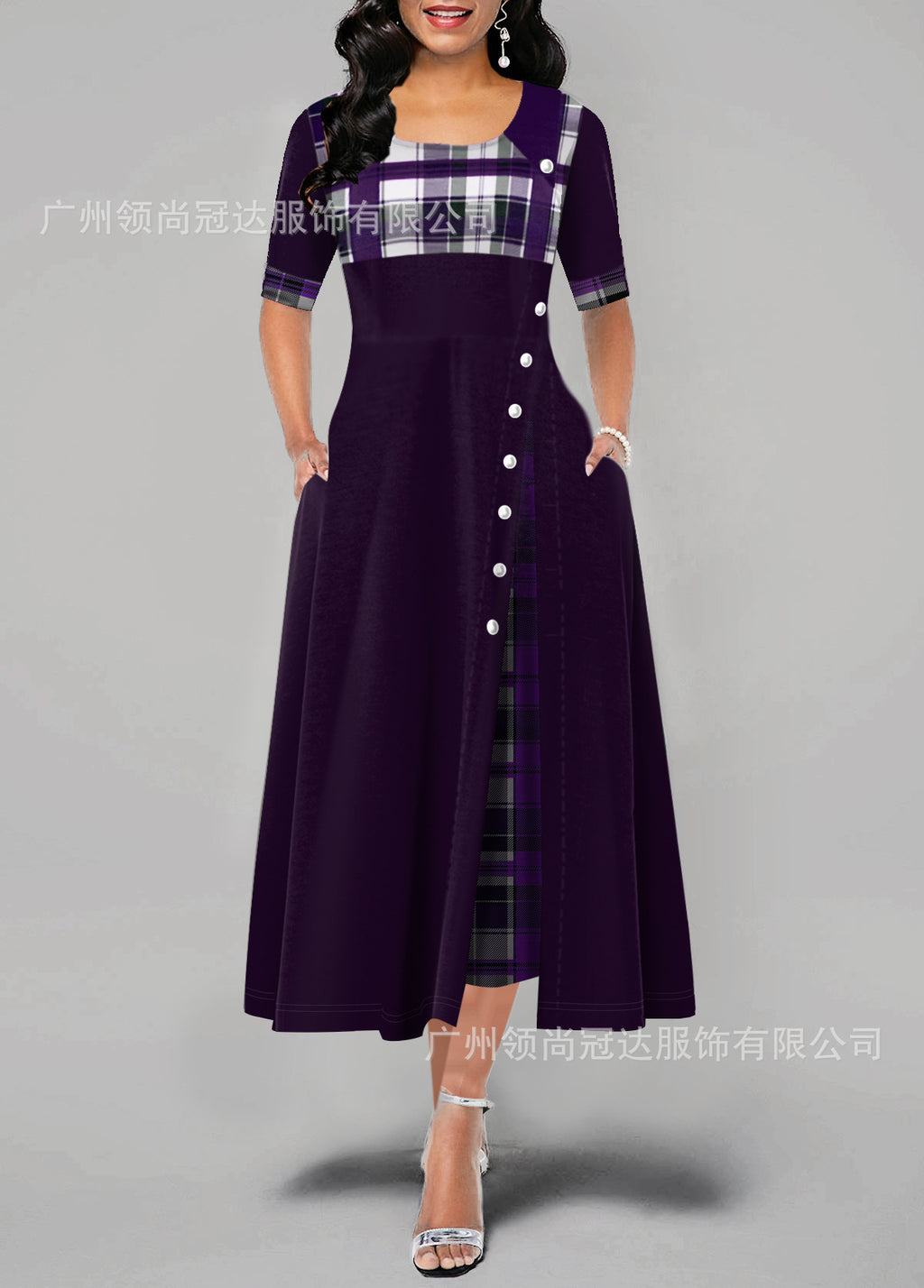 Women Round Neck Mid-sleeve Irregular Long Dress