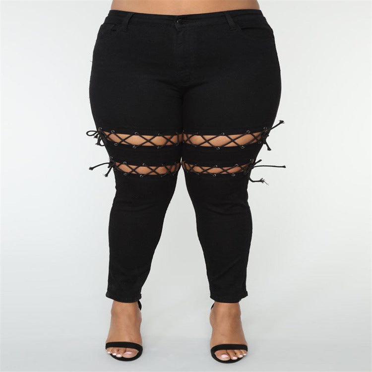 Jeans mode grande taille à bretelles à oeillets pour femmes