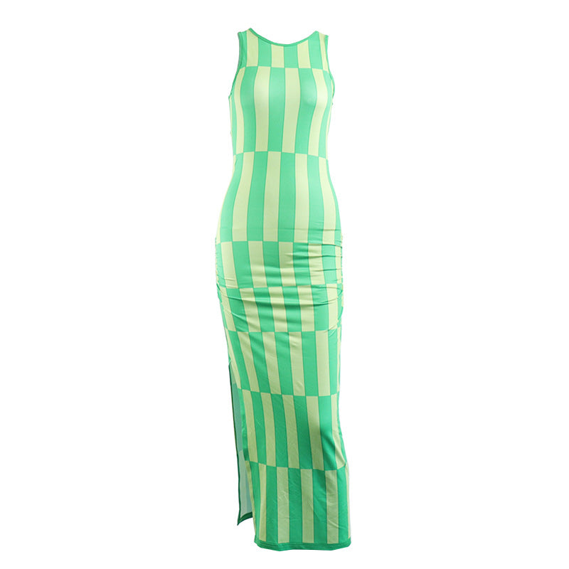 Round Neck Sleeveless Sheer Slit Print Casual Slim Fit Hip Dress