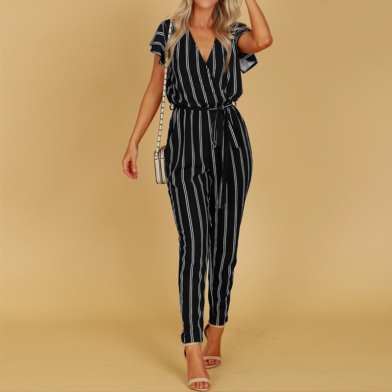 V-neck halter Elegant Striped Jumpsuit