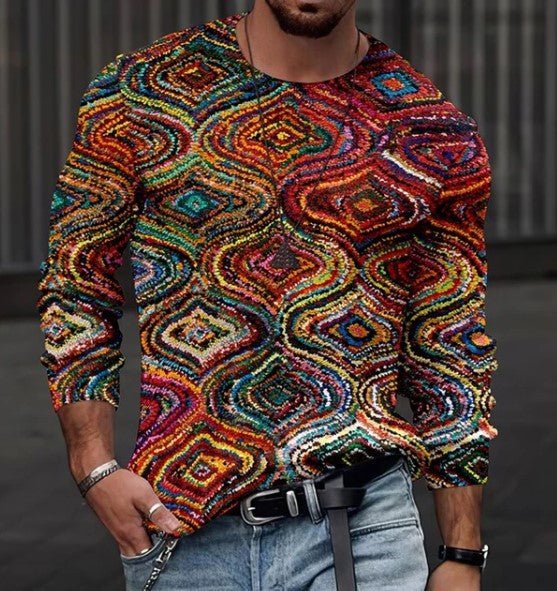 Top de manga larga sin cuello estampado de tipo delgado casual de algodón grueso