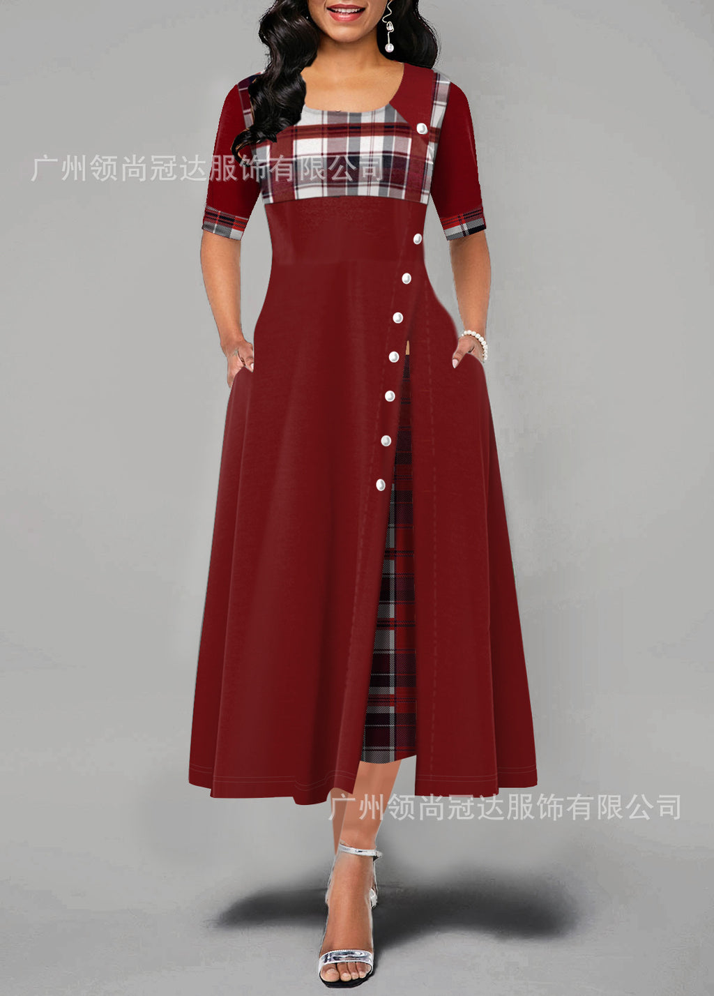 Women Round Neck Mid-sleeve Irregular Long Dress