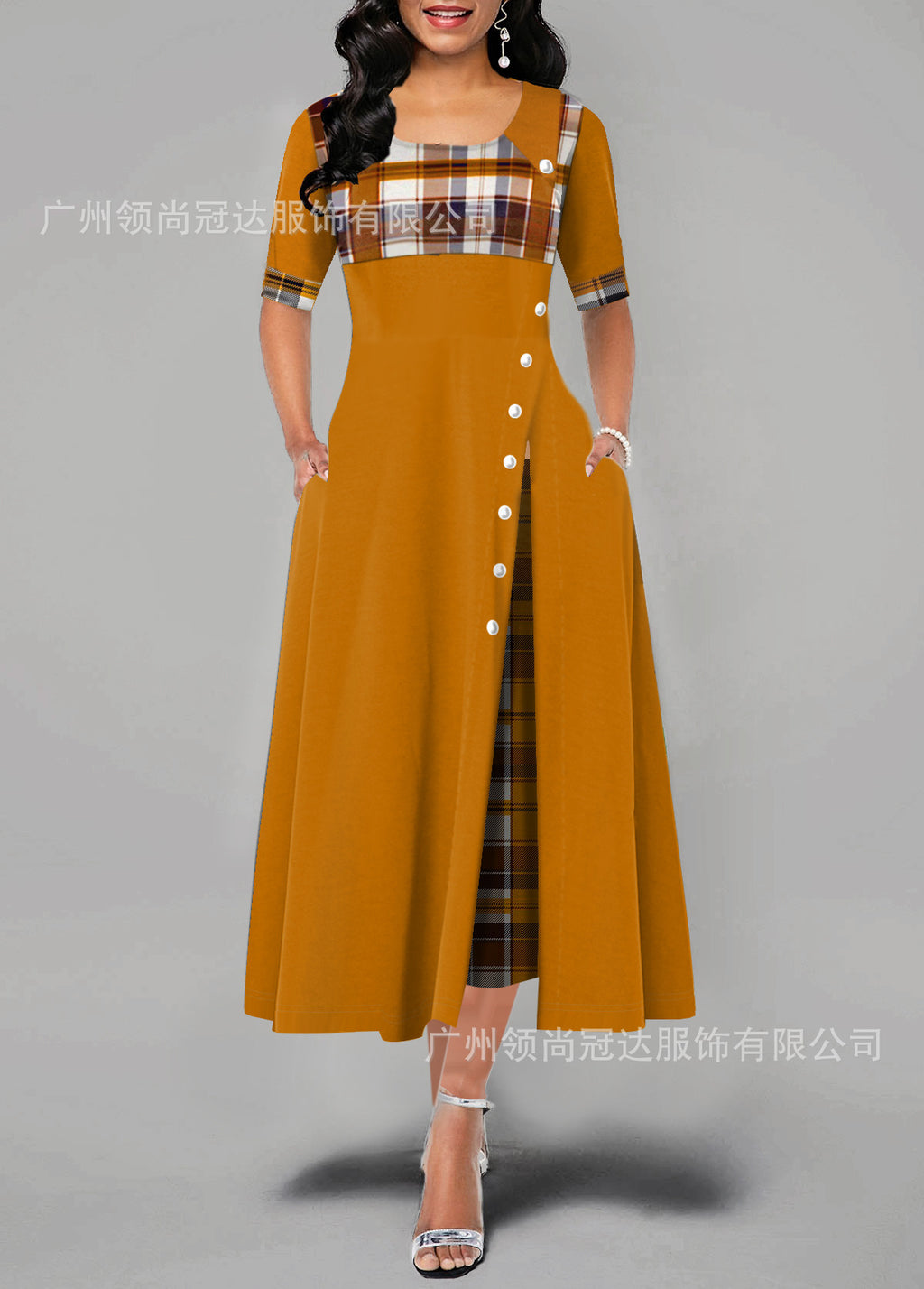 Women Round Neck Mid-sleeve Irregular Long Dress