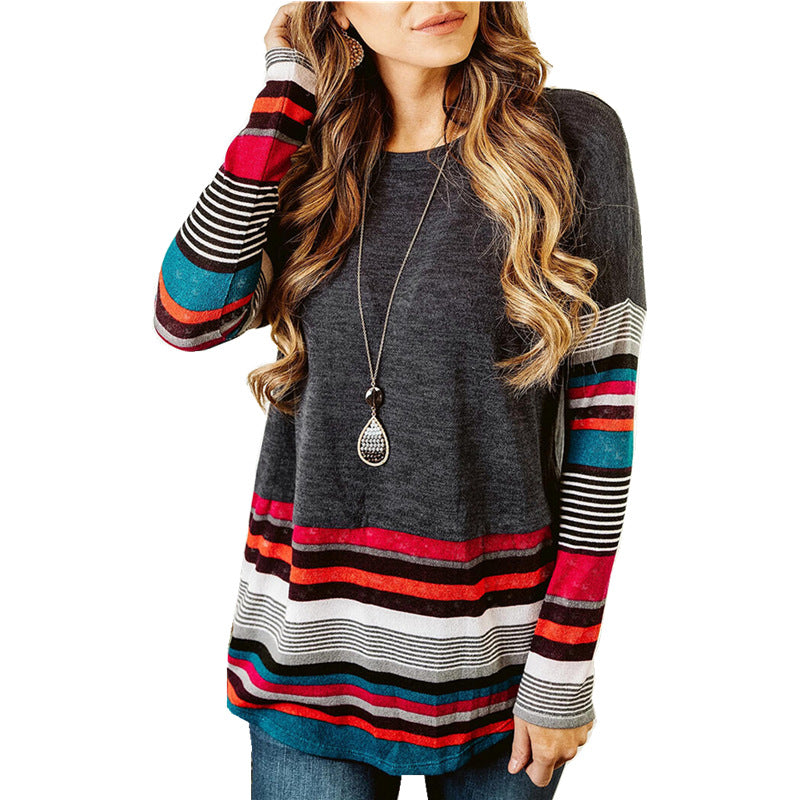 Long sleeve striped round neck T-shirt sweatshirt